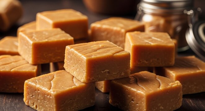 Delicious homemade caramel fudge squares on a rustic wooden table