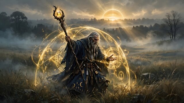 Powerful ancient mage performing ritual magic in a foggy autumn field at dawn, golden light reflecting off glowing runes and a mystical staff