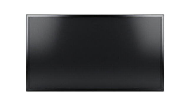 Modern flat screen television monitor with blank black display isolated on white background for mockup and digital design presentation