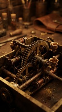 Complex vintage clockwork mechanism with brass gears