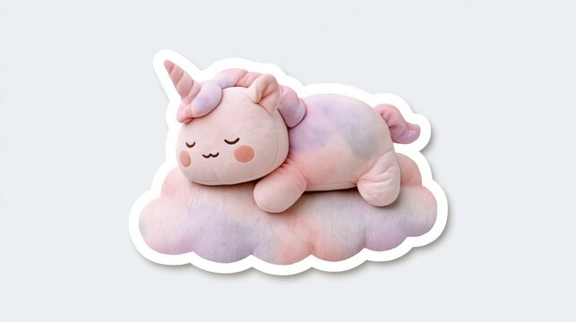 Cute Watercolor Sleeping Unicorn Cat on Pastel Cloud, Chibi Unicat Plush Style Kawaii Sticker Clipart, Fantasy Animal Illustration