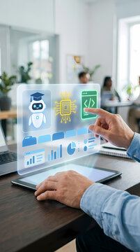 Man interacting with floating holographic dashboard showing artificial intelligence bot and coding icons for advanced software development and analytical business management tasks.