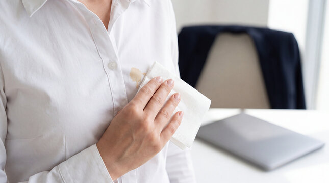 Close-up of a woman blotting a fresh stain on her white shirt with a paper napkin at an office desk, illustrating accidental spills, clothing care and quick stain removal