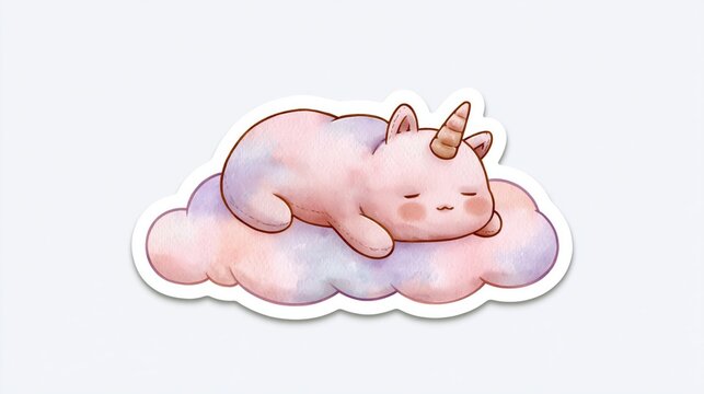 Cute Watercolor Sleeping Unicorn Cat on Pastel Cloud, Chibi Unicat Plush Style Kawaii Sticker Clipart, Fantasy Animal Illustration