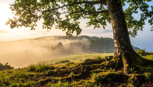 Beautiful foggy valley view under a sunlit oak tree during a peaceful morning in the countryside