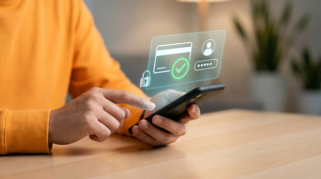 Person holding smartphone interacting with digital interface showing credit card and secure login for online financial services and mobile payment processing.