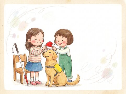 Sweet blind girl with white cane and friend putting Santa hat on golden guide dog crayon style illustration, copy space