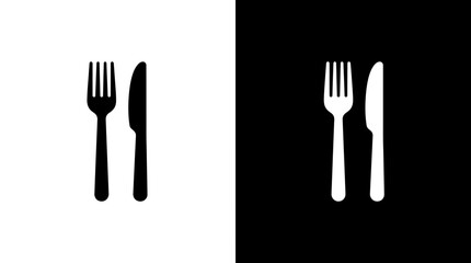 Fork and knife cutlery icon in black and white styles with dining room silverware restaurant utensils tableware © Mst Runa