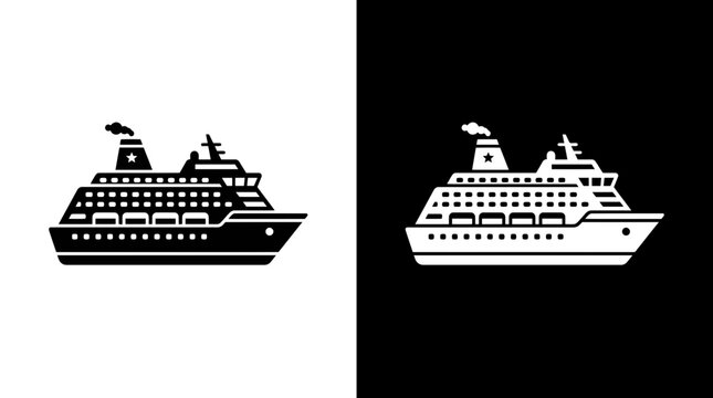 Cruise ship silhouette icon in black and white styles with nautical transport transportation vacation navigation