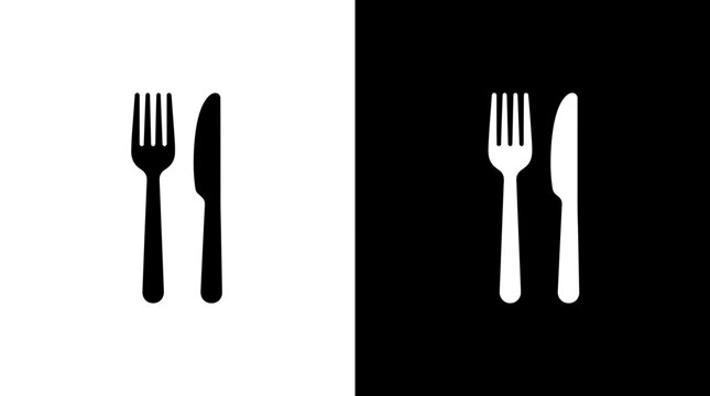 Fork and knife cutlery icon in black and white styles with dining room silverware restaurant utensils tableware