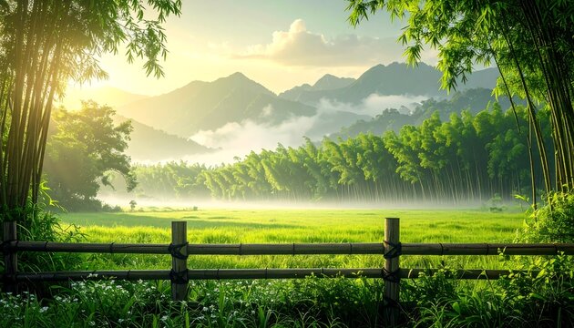 Peaceful morning landscape with bamboo fence green meadow and misty mountains