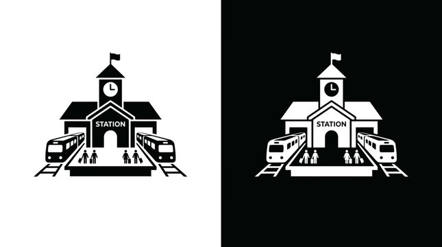 Railway station building with trains and commuters icon set commuter transport building platform passenger
