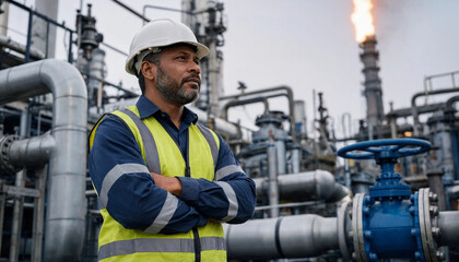Fototapeta premium Industrial worker in safety gear stands with folded arms among pipes and equipment at an oil refinery. A flare burns in the background.