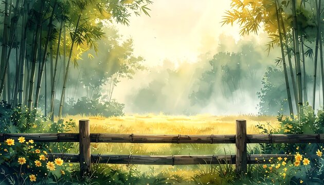 Serene nature scene featuring a wooden fence in front of a misty bamboo forest and golden field