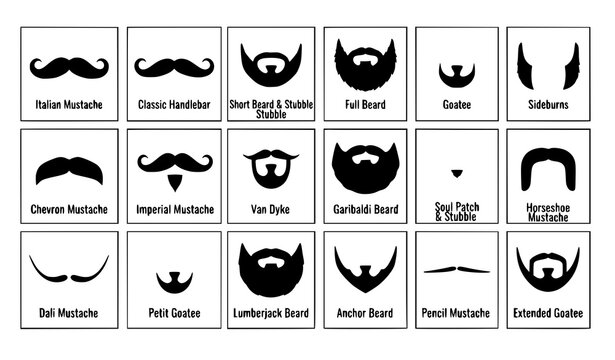 Italian Mustache and Hipster Beard Black Vector Icon Set