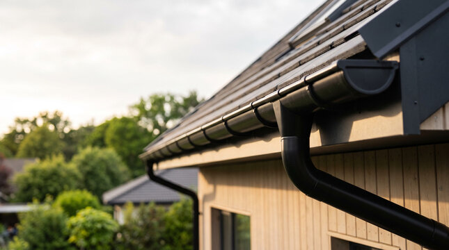 Modern black gutter and downpipe installation on suburban house exterior