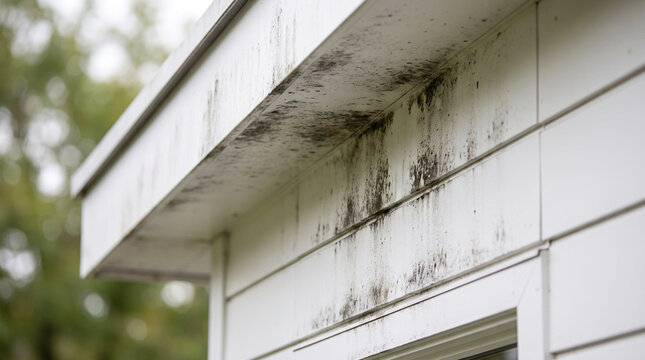 Mold and mildew stains on white house exterior wall and soffit under roof eaves