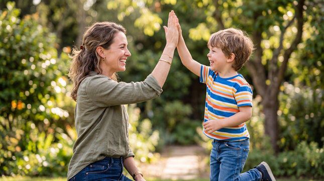 Mother and son share a joyful high five in a sunlit garden celebrating a moment of connection and happiness