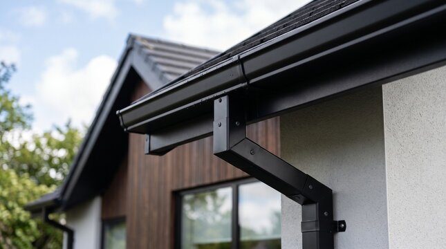 Close up of modern black roof gutter and downpipe installed on residential house exterior with diagonal composition