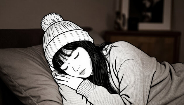 A stylized black and white manga illustration of a girl wearing a knit beanie sleeping peacefully on a pillow in bed.