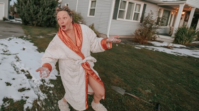 Woman in a cozy bathrobe catching first snow on her palm, surprised expression in a suburban yard for winter and holiday campaigns