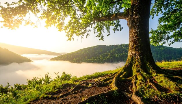 Old oak tree with large roots on a hill overlooking a foggy valley at sunrise