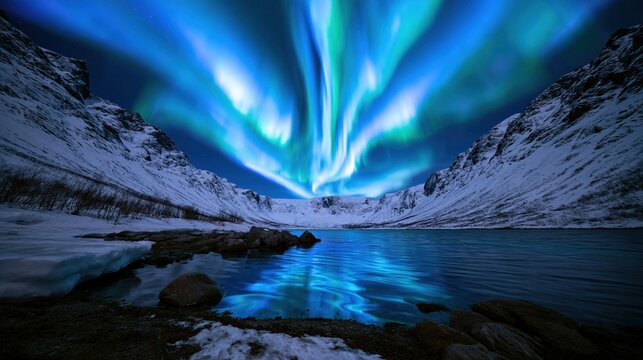 Aurora borealis glowing over a frozen fjord with mirrored reflections and snowy mountains for nordic travel and nature content