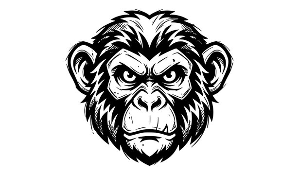 Angry Monkey Chimpanzee Head Mascot Logo Black and White Vector Illustration for Sport Team Emblem