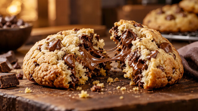 Freshly baked chocolate chip cookie broken in half with warm gooey melted chocolate center on rustic wooden background