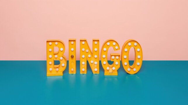 Bingo marquee letters with glowing bulbs on a glossy teal surface and pink background, for party and casino event promotion