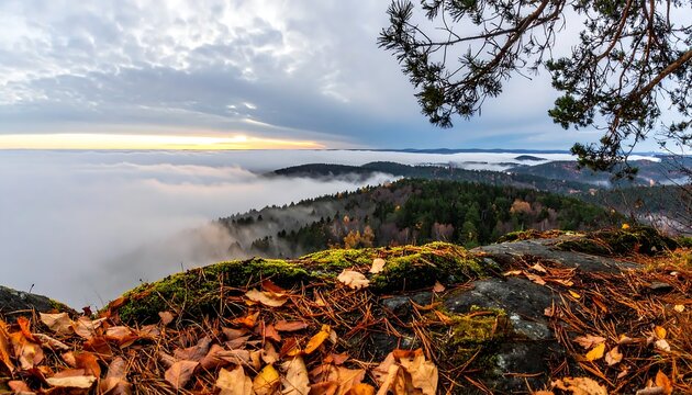 Breathtaking autumn landscape above a tranquil sea of clouds, viewed from a mountain peak