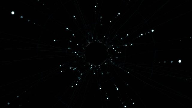 Abstract futuristic black hole with data flow animation seamless loop, quantum computer deep learning.
