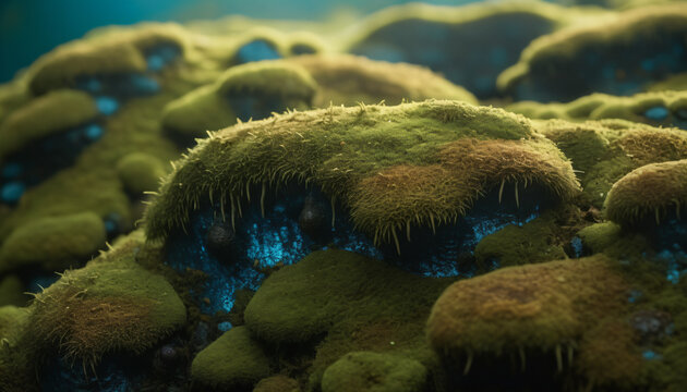 Macro close-up of dark velvet moss mounds with warm morning rim light