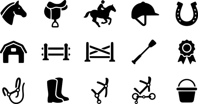 Black silhouette icons representing equestrian activities and horseback riding equipment
