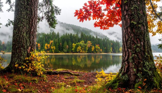 Peaceful Autumn Landscape with Reflective Lake and Misty Forest Mountains