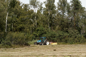 Blue tractor mowing grass with rotary mower in rural meadow field © Ekaterina