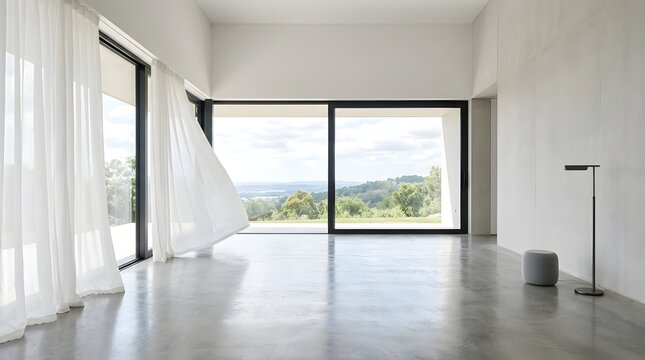 Minimalist empty room with flowing white curtains and large glass windows overlooking outdoor scenery