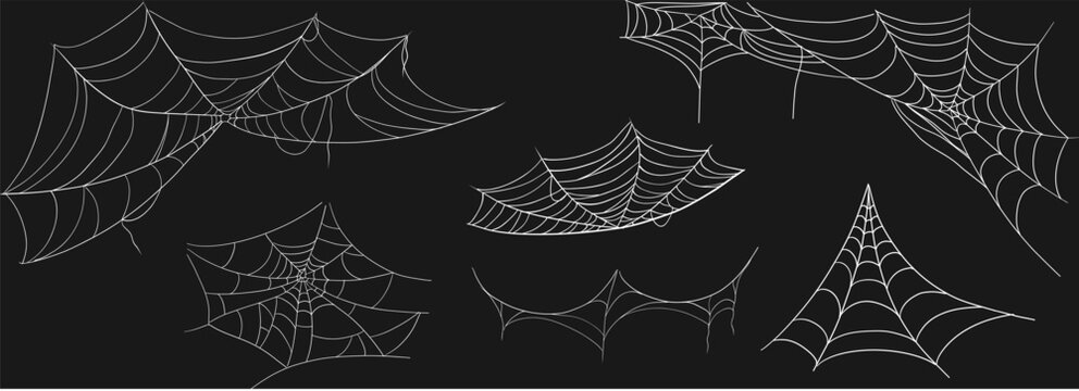 Gothic web silhouettes, border for decoration, creepy web hanging set on dark background. Spider web halloween frame. Halloween cobwebs, corner web collection