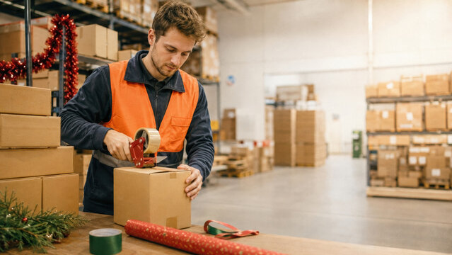 Young man in a safety vest seals a cardboard box with tape in a warehouse decorated for the holiday season.