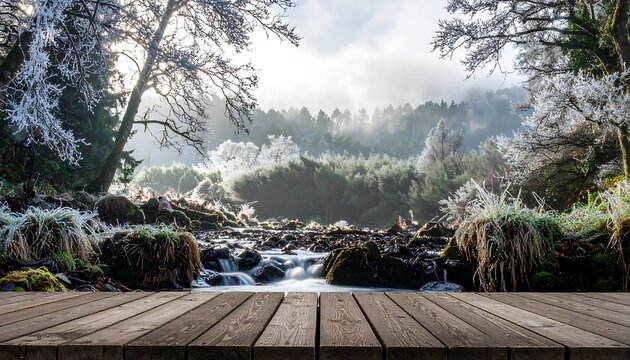 Wooden deck overlooking a misty forest stream with frosted trees and mossy rocks