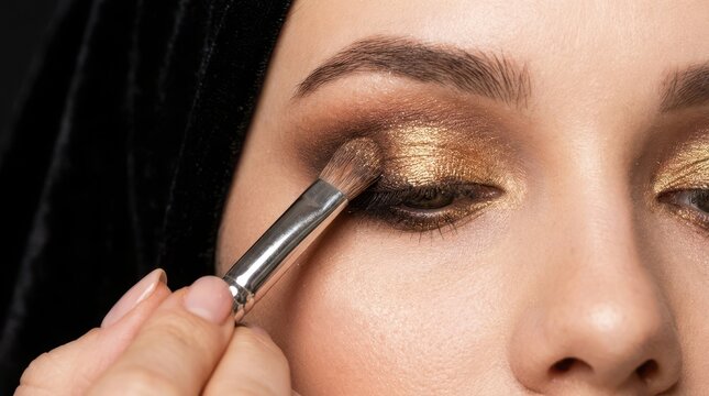 Close up of professional gold eyeshadow makeup application