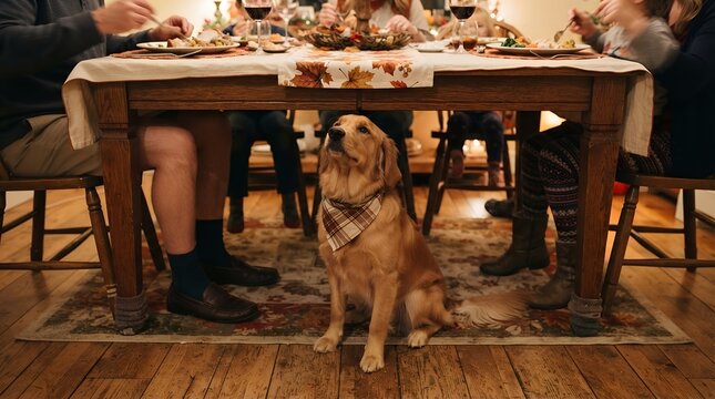 Family Dog Waiting Beneath Thanksgiving Dinner Table