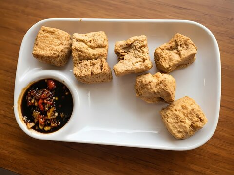 Traditional Indonesian fried tofu known as Tahu Sumedang served with spicy sweet soy sauce and chili on a white plate