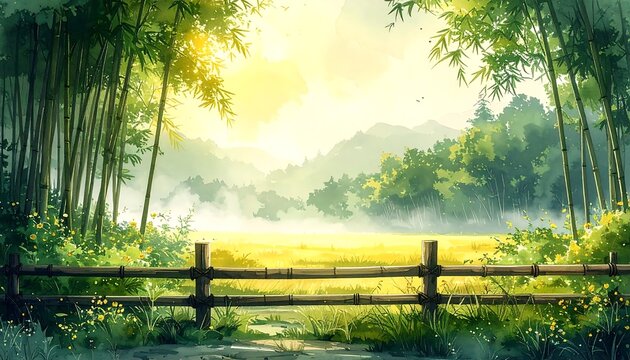 Serene Bamboo Forest Landscape with Sunlit Meadow and Rustic Fence