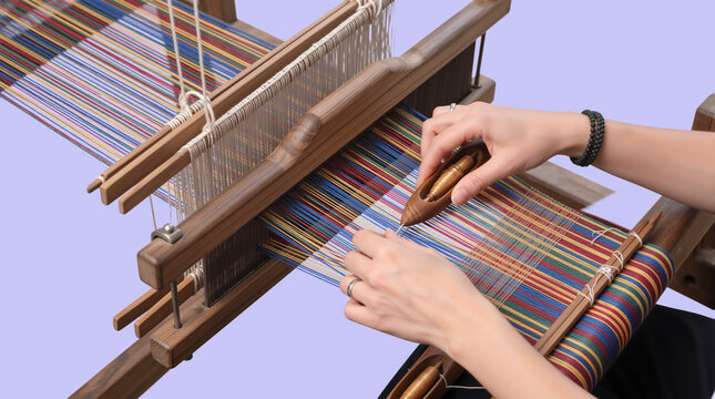 Hands weaving colorful silk threads on a wooden loom