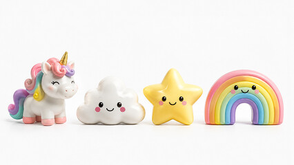 Naklejka premium Cute toy figurines of unicorn cloud star and rainbow in a row on white background.