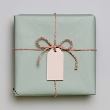 Gift box wrapped in pale green paper with a twine bow and blank tag, featuring a tactile matte finish for a product mockup or ecommerce listing