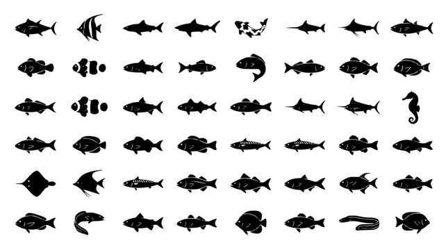 Flat vector illustration of a collection of various fish sil set with simple line art design featuring simple design, minimalist, black and white with illustrations and graphics