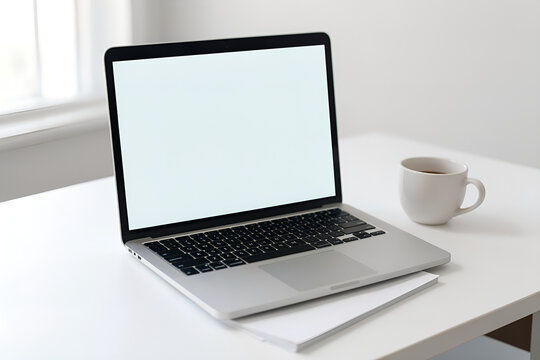 Open laptop on white desk with coffee cup and paper stack under soft window light