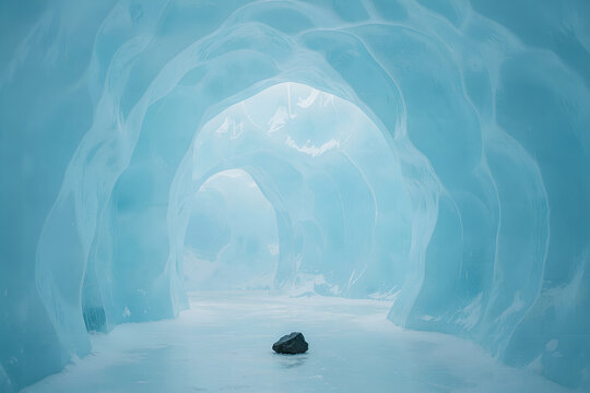 Quiet ice cavern interior with translucent blue walls and arched entrance